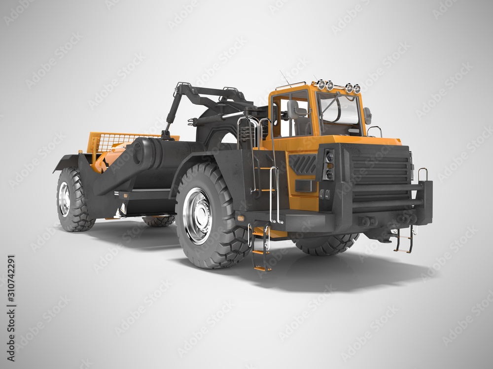 Land transport vehicle scraper isolated 3D rendering on gray background with shadow