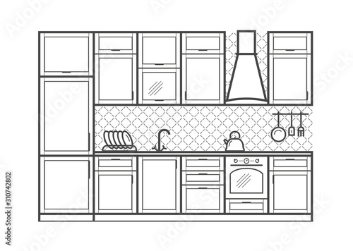 Kitchen furniture in linear style. Vector illustration