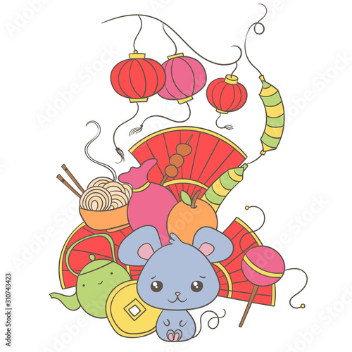 Doodles colorful art with Chinese New Year decorations and kawaii mouse, symbol of 2020 year.  Festival bangers, lanterns, fans, asian food. 