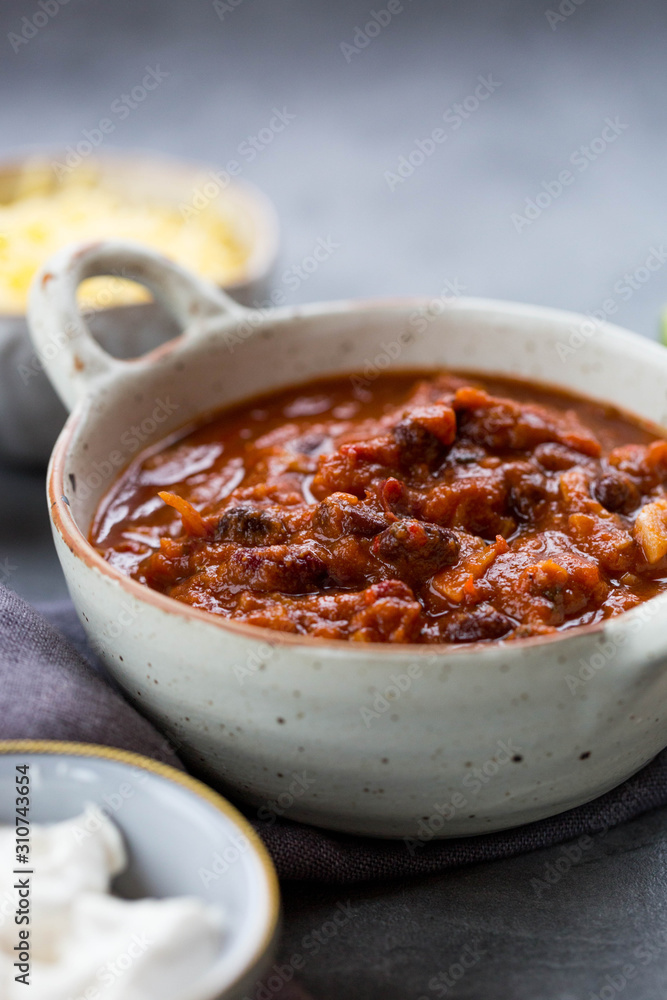 A bowl of vegan chilli made using jack fruit. A bowl of vegan chilli made using jack fruit.