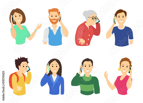 People calling by telephone. Men, women, teenagers talking phone. Communication and conversation with smartphone characters. Flat Cartoon vector illustration.
