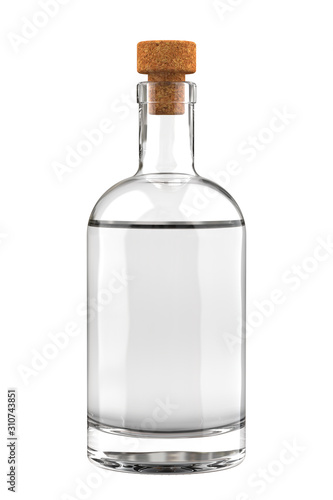 Clear Glass Liquor, Rum or Cognac Bottle is Partially Filled. 3D Close Up Illustration Isolated on White Background.