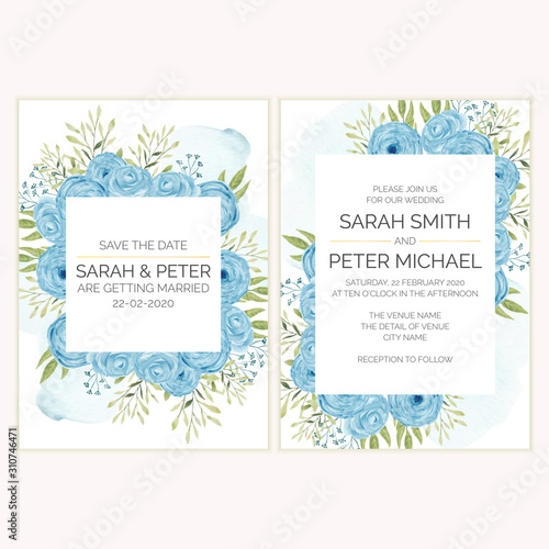 Set of wedding invitation with watercolor blue rose decoration
