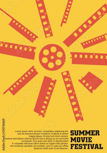Lava red Sun made of film strips and film reel, minimalist poster design template for summer movie festival. Cinema event flyer or invitation card vector illustration layout.