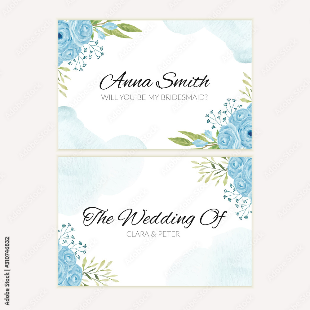Watercolor blue rose flower bridesmaid greeting card template