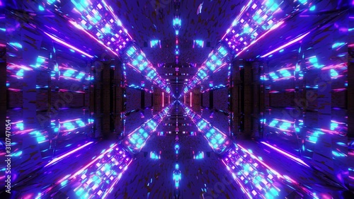 endless glowing lights on futuristic sci-fi hangar tunnel corridor with nice electric reflections 3d illustration wallpaper background graphic design © Michael