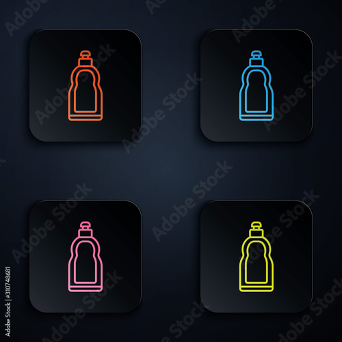Color neon line Plastic bottle for liquid laundry detergent, bleach, dishwashing liquid or another cleaning agent icon on black background. Set icons in colorful square buttons. Vector Illustration