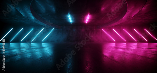 Sci Fi Futuristic Laser Neon Stage Podium Tunnel Corridor Hallway Garage Vibrant Purple Blue Reflective Grunge Concrete Virtual Cyber Phantom Night Dark Triangle Oval 3D Rendering