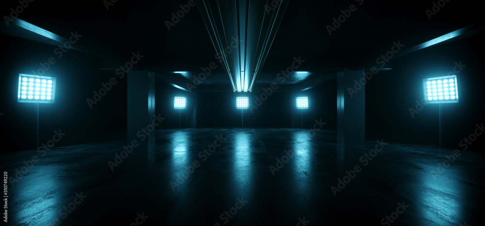 Futuristic Sci Fi Tunnel Corridor Hallway Underground Garage Grunge Studio Concrete Podium Construction Cyber Virtual Neon Fluorescent Led Lights Glowing Blue 3D Rendering