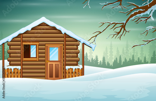 A small wooden house with a snowy background
