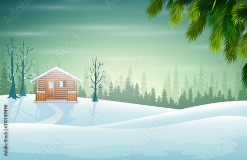 Illustration of a landcape and a house in a beautiful nature