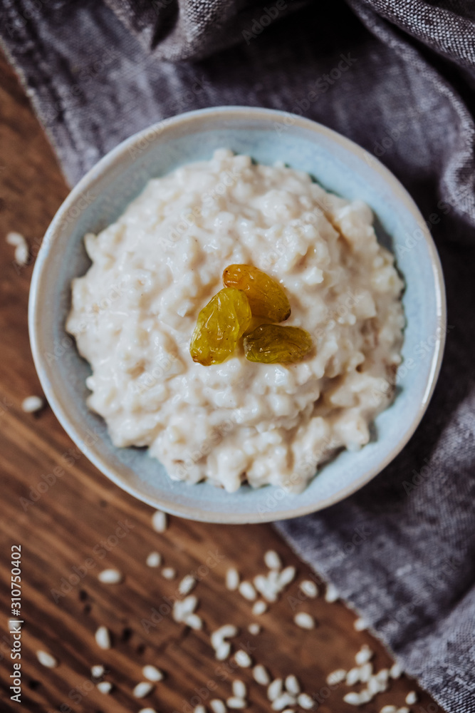 Arroz Con Leche, Rice Pudding Cooked and dry grape Arroz Con Leche, Rice Pudding Cooked and dry grape