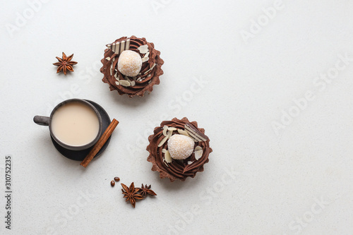 Freshness glass of milk with chocolate cup cake for breakfast image