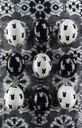 Black and white Easter Eggs with a simple cute bunnies design photo