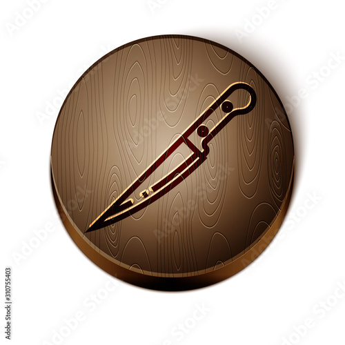 Brown line Knife icon isolated on white background. Cutlery symbol. Wooden circle button. Vector Illustration