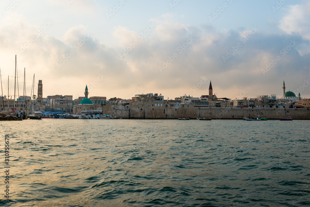 View of the fortification of the old city Akko from boat. Israel.