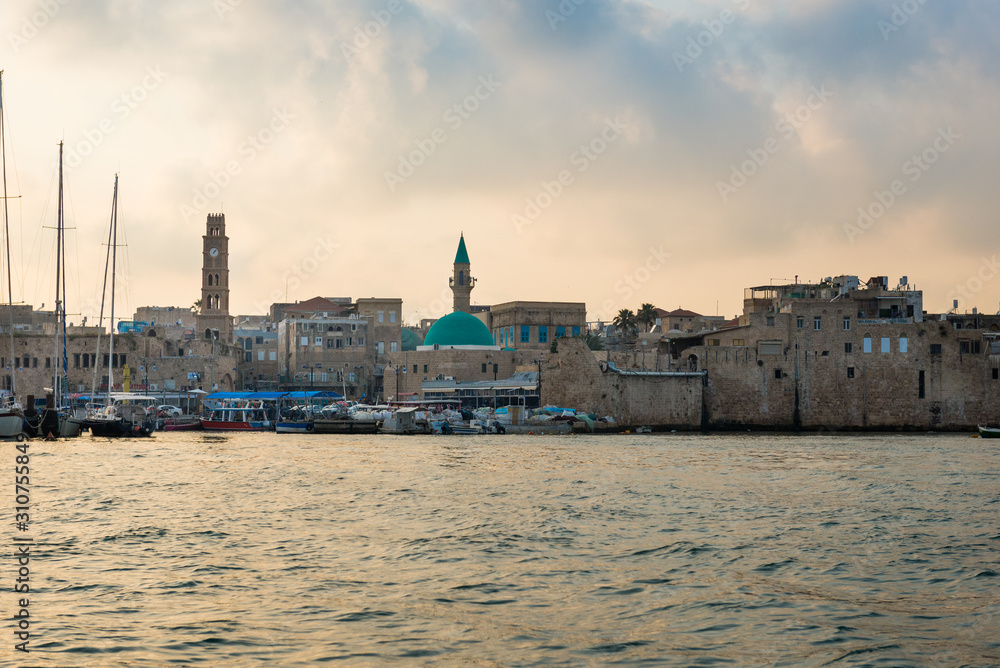 View of the fortification of the old city Akko from boat. Israel.