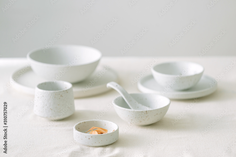 Set of white minimal tableware. Set of white minimal tableware.