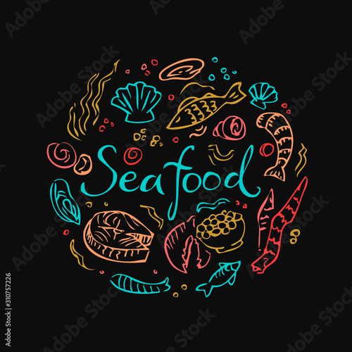 Seafood doodle vector pattern