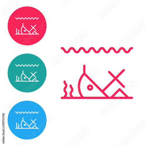 Red line Sunken ship at the bottom of the sea icon isolated on white background. Set icons in circle buttons. Vector Illustration