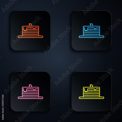 Color neon line Stack of pancakes icon isolated on black background. Baking with syrup and cherry. Breakfast concept. Set icons in colorful square buttons. Vector Illustration