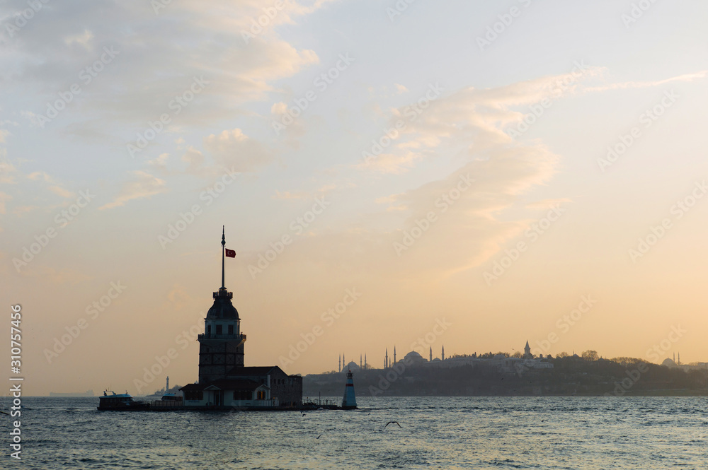 Lighthouse on island between sea near city. Maiden's Tower, Istambul. Lighthouse on island between sea near city. Maiden's Tower, Istambul.