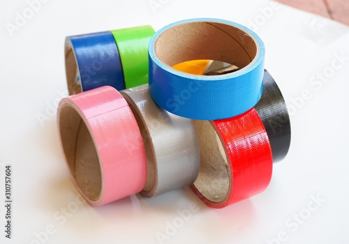 plastic bottle caps isolated, Set of color yellow black red pink gray blue green rolls scotch tape- sticky tape on white background. can use business-paperwork-banner products
