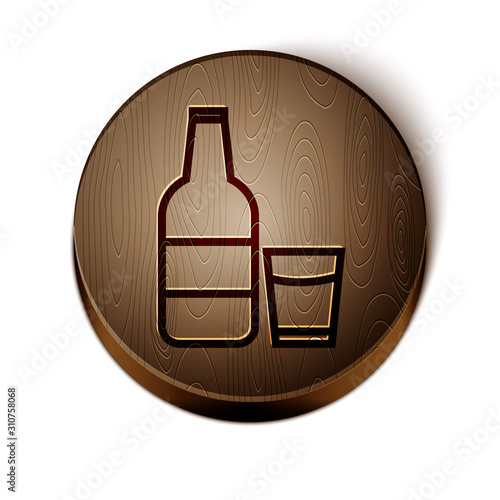 Brown line Closed glass bottle with milk and glass icon isolated on white background. Wooden circle button. Vector Illustration