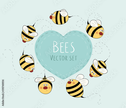 Bees vector set. Cartoon bee isolated. Colorful stripe bug collection.. 