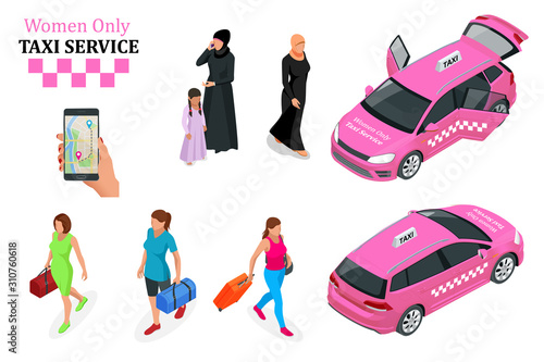 Women Only Taxi Service concept. Smartphone and touchscreen.