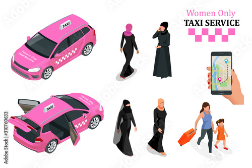 Women Only Taxi Service concept. Smartphone and touchscreen.