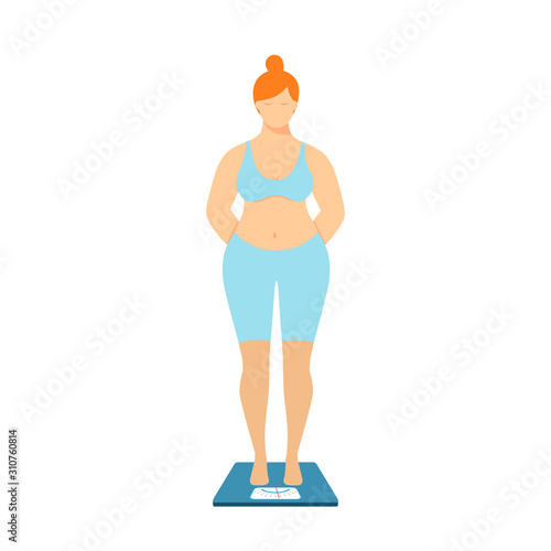 Plump woman is standing on the scales, isolated on the white background. Healthy lifestyle concept. Diet and weight loss