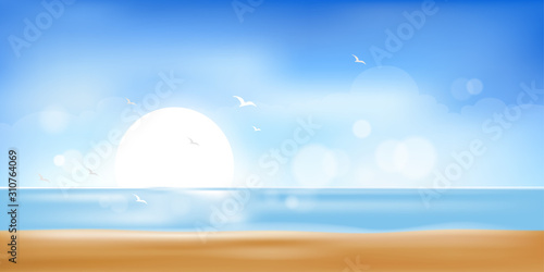 Vector Summer beach with sand, sun and blue sky,Illustration Sea scape with soft bokeh sky light in hot sunny day, Blurry tropical beach with sun light. Holiday background