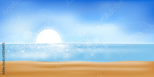 Vector Summer beach with sand, sun and blue sky,Illustration Sea scape with soft bokeh sky light in hot sunny day, Blurry tropical beach with sun light. Holiday background