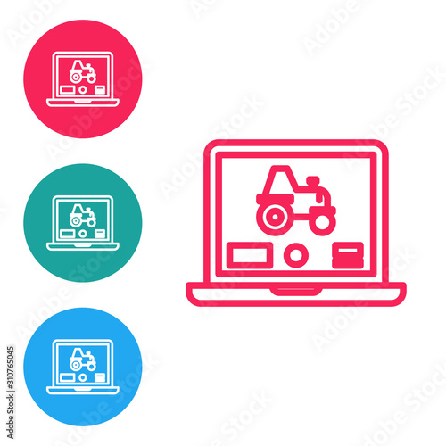 Red line Laptop application for control a autonomous tractor on a smart farm icon isolated on white background. Smart agriculture implement. Set icons in circle buttons. Vector Illustration