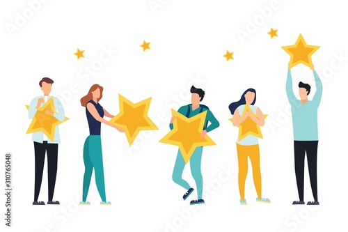 Vector illustration, Customer reviews rating, Different people give a review rating and feedback, Support for business satisfaction.