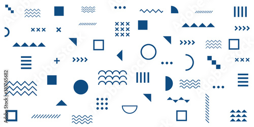 Memphis Simple Blue Abstract Circle Line Rectangle Box Arrow Cross Mountain River Pie Egypt Basic Shape Background For shirt