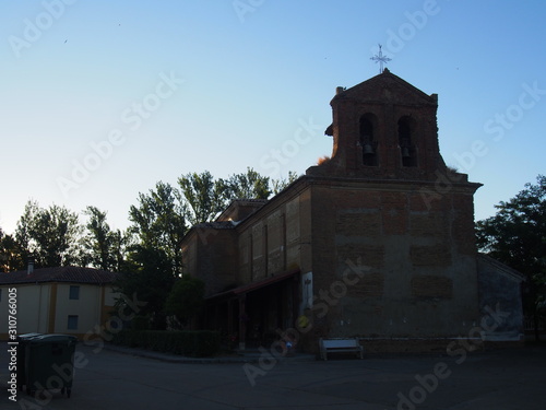 Old church in the early morning on the road to Santiago de Compostela, Camino de Santiago, Way of St. James, Terradillos de los Templarios to Bercianos del Real Camino, French way, Spain