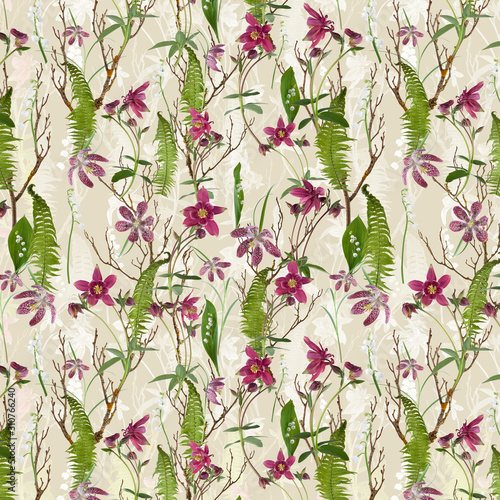Adorable springtime seamless pattern with Fern leaves, checkered lily and aquilegia, can be used as background, wallpaper
