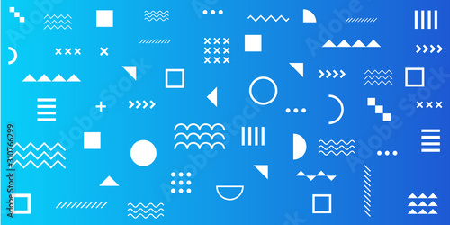 Memphis Simple Blue Abstract Circle Line Rectangle Box Arrow Cross Mountain River Pie Egypt Basic Shape Background For shirt