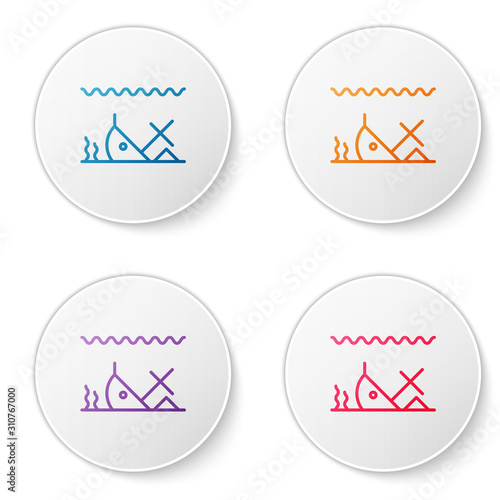 Color line Sunken ship at the bottom of the sea icon isolated on white background. Set icons in circle buttons. Vector Illustration