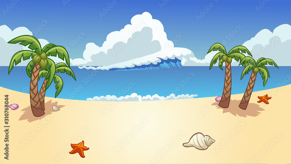 Beach background with palm trees, wave and seashells clip art. Vector illustration with simple gradients. Some elements on separate layers.