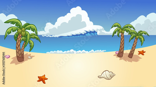 Beach background with palm trees, wave and seashells clip art. Vector illustration with simple gradients. Some elements on separate layers.