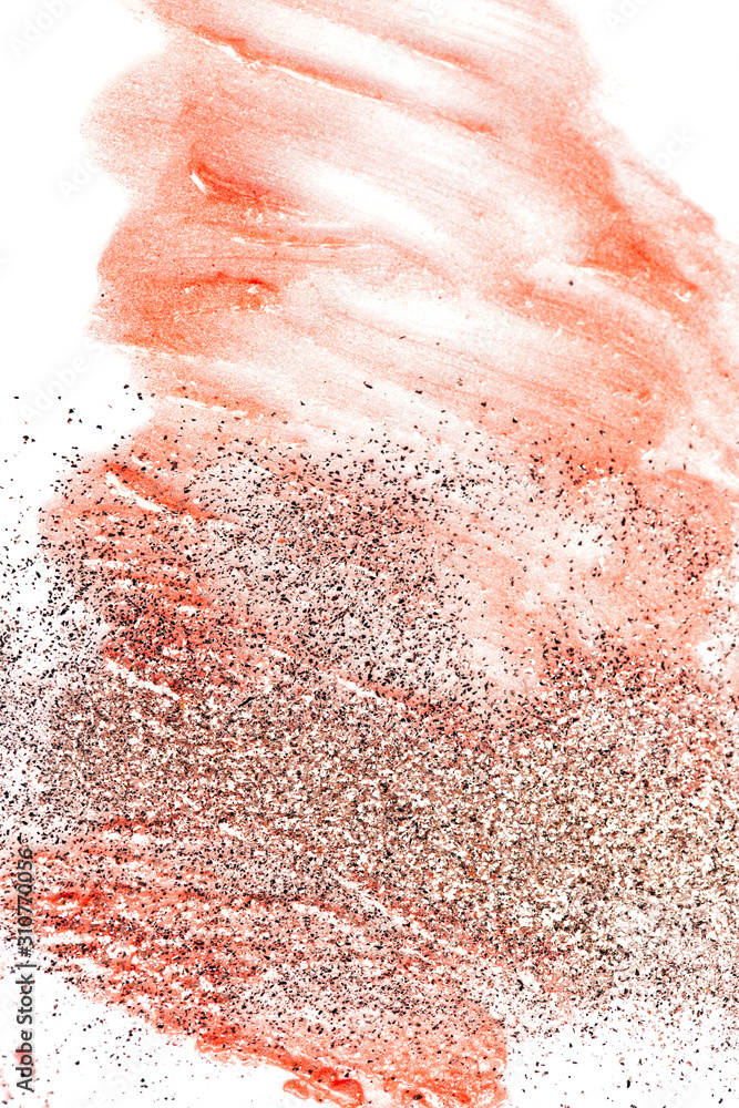 Smear of red lipstick with glitter. Cosmetics concept. Element isolated on white. Smear of red lipstick with glitter. Cosmetics concept. Element isolated on white.