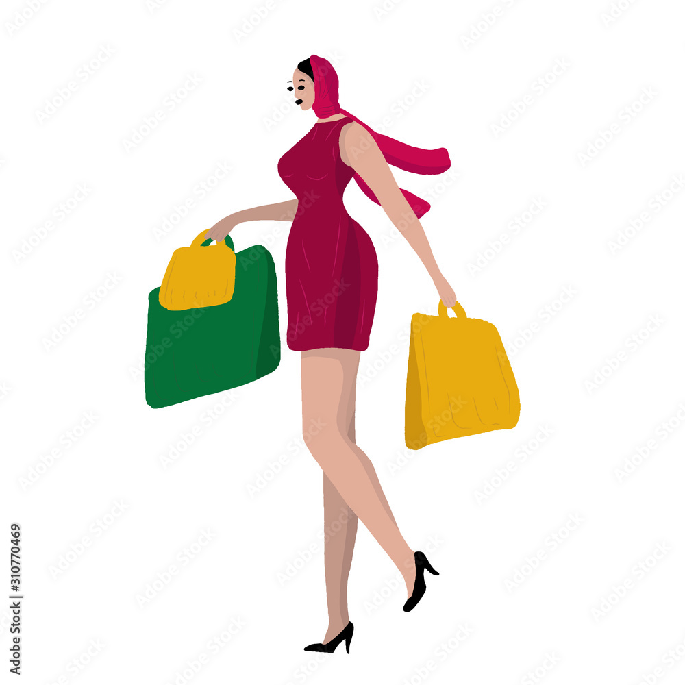 A beautiful woman in a scarf and dress, in high heel shoes is walking with packages from stores. Woman or girl shopping. Woman daily life, everyday.  Relax. Flat modern vector isolated illustration.