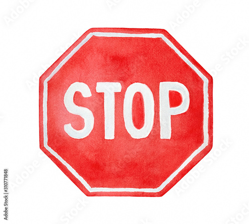 Bright red octagon sign with "STOP" inscription. One single object, front view. Hand painted watercolour sketchy drawing, cut out clipart element for design decoration, print, label, badge, sticker.