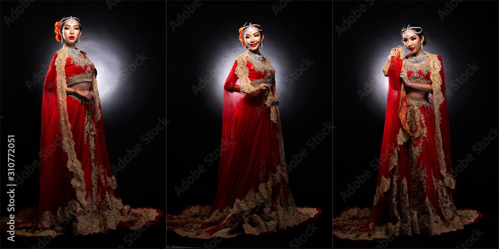 Indian beauty perfect make up wedding bride, Full length snap figure of beautiful woman in traditional ethnic Pakistani bridal costume spin throw Head covering Saree in Air, collage group pack concept
