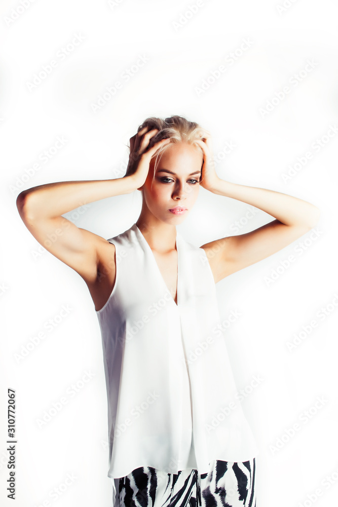 young pretty woman with blond hair on white background isolated, sensual makeup, fashion look, lifestyle people concept young pretty woman with blond hair on white background isolated, sensual makeup, fashion look, lifestyle people concept