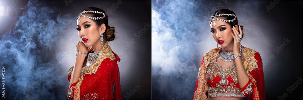 Indian beauty perfect face make up wedding bride, Portrait of beautiful woman in Red traditional ethnic Pakistani bridal costume pose lovely, smoke fog dark background, collage group pack concept Indian beauty perfect face make up wedding bride, Portrait of beautiful woman in Red traditional ethnic Pakistani bridal costume pose lovely, smoke fog dark background, collage group pack concept