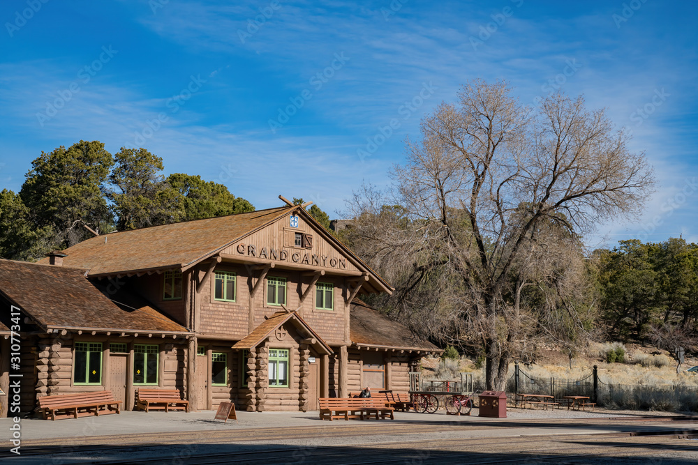 Sunny view of the Grand Canyon National Park train station Sunny view of the Grand Canyon National Park train station
